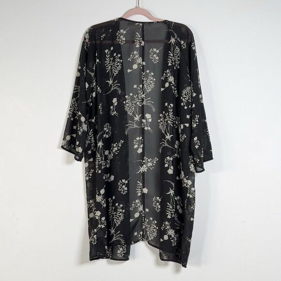 Liberty Love Floral Kimono Top Womens Sz L Sheer Black 3/4 Sleeves Boho - Picture 4 of 8